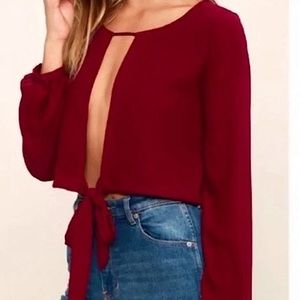 Women’s Deep Red Tie-Front Long Sleeve Top